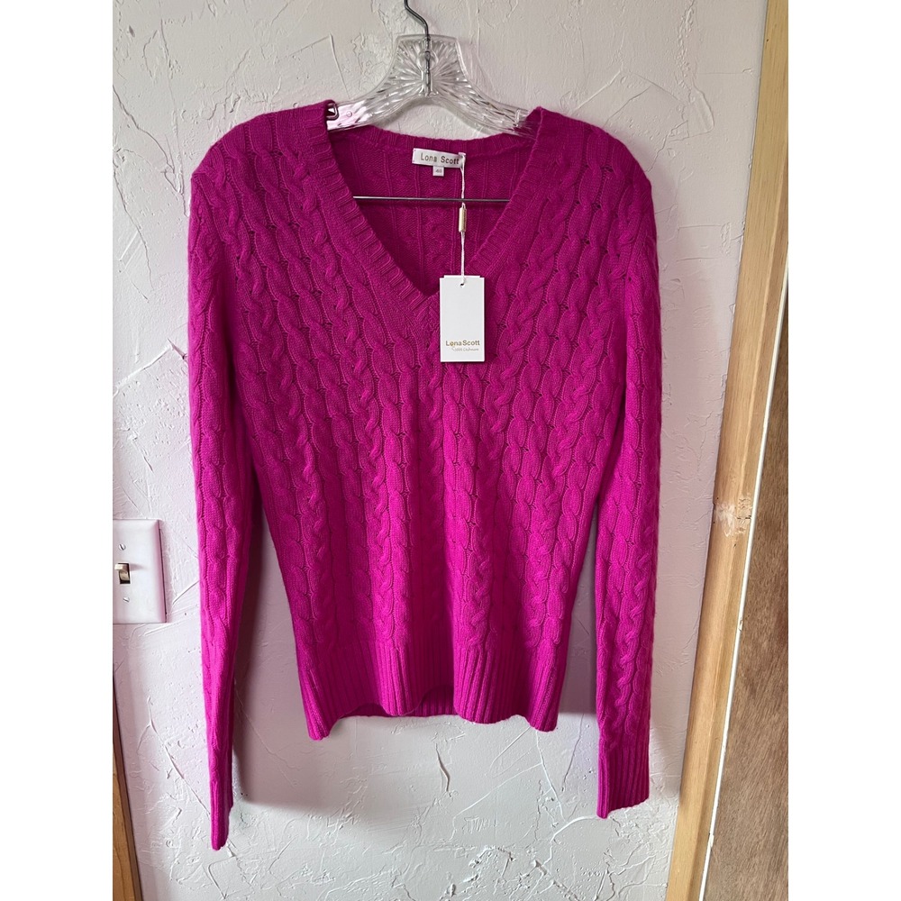 Lona Scott Cerise Pink 100% Pure Cashmere Cable Knit V-Neck‎ Sweater Size M 40